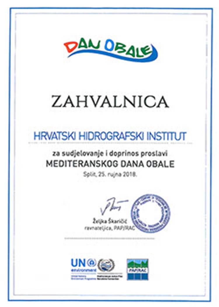 Zahvalnica Hrvatskom hidrografskom institutu za sudjelovanje na Mediteranskom danu obale