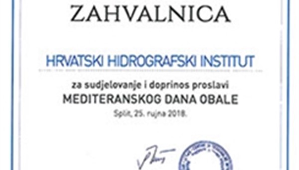 Zahvalnica Hrvatskom hidrografskom institutu za sudjelovanje na Mediteranskom danu obale